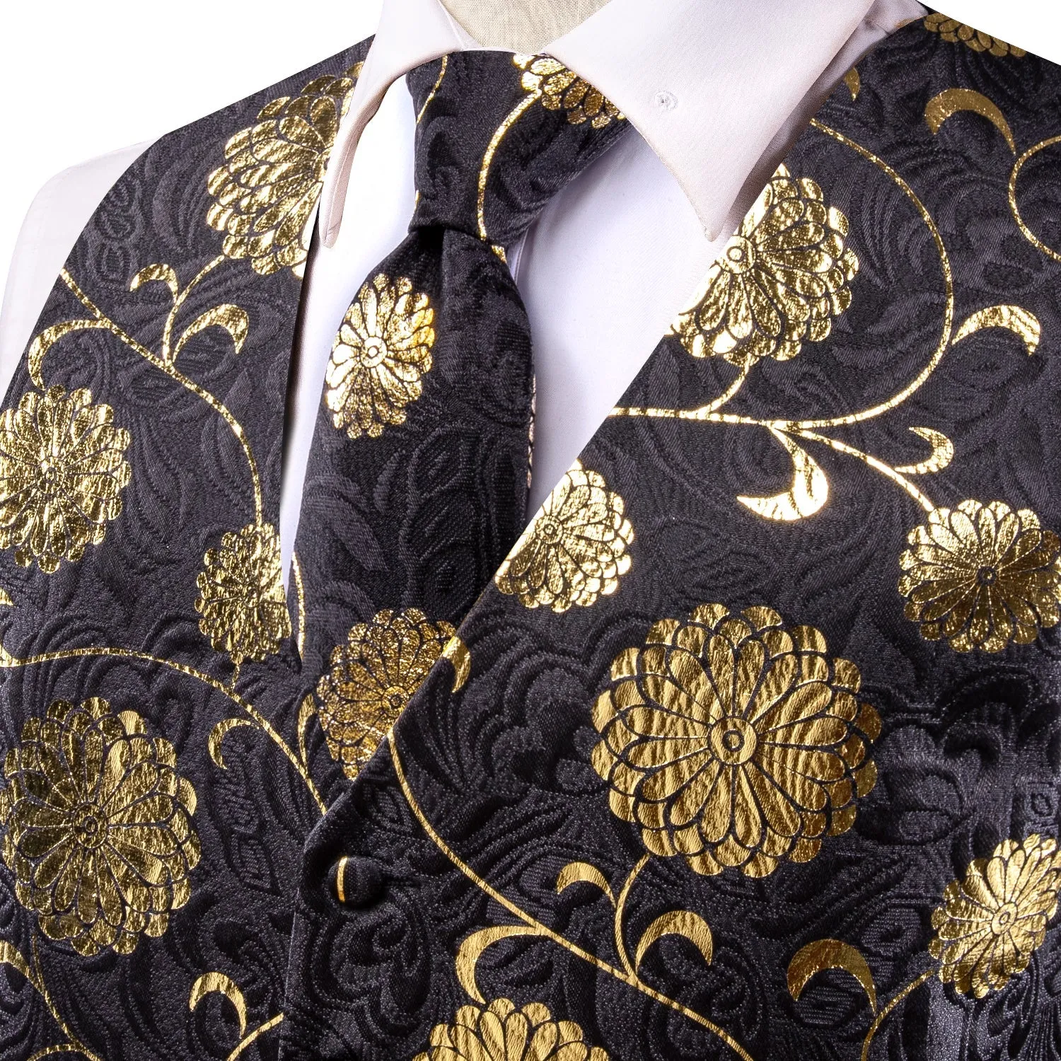 Black Gold Floral Jacquard Silk Men's Vest Hanky Cufflinks Tie Set