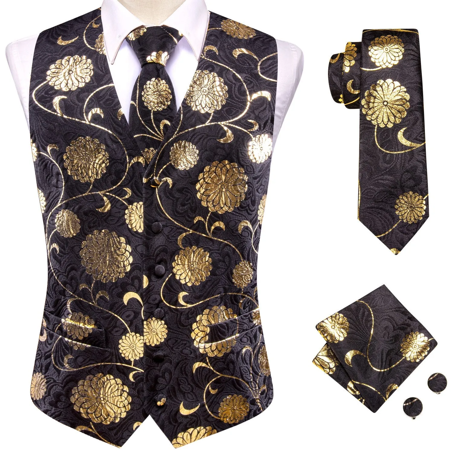 Black Gold Floral Jacquard Silk Men's Vest Hanky Cufflinks Tie Set