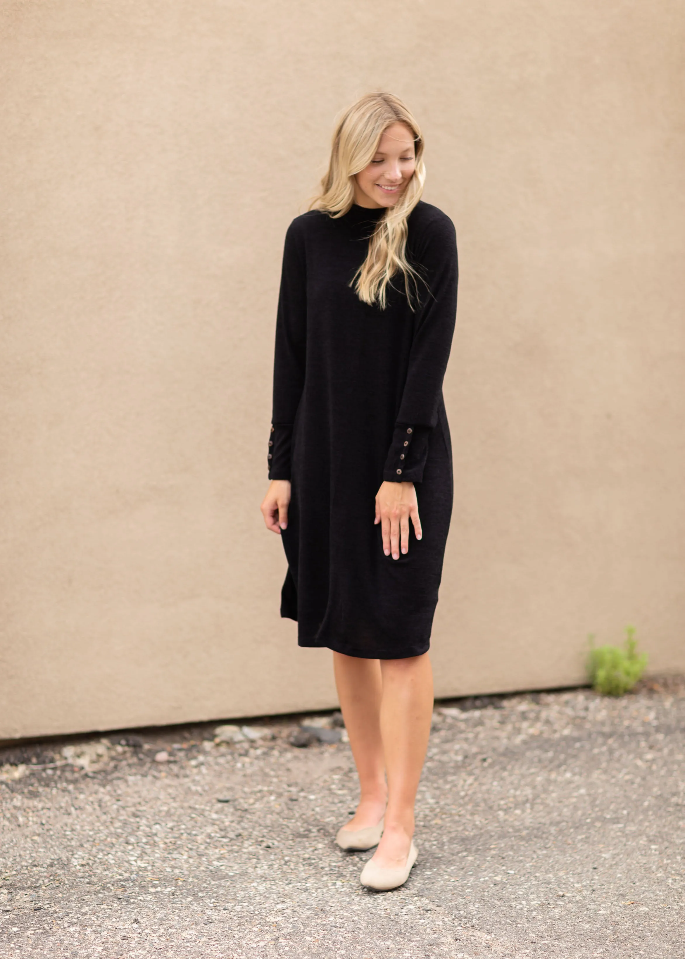 Black Long Sleeve Button Midi Dress