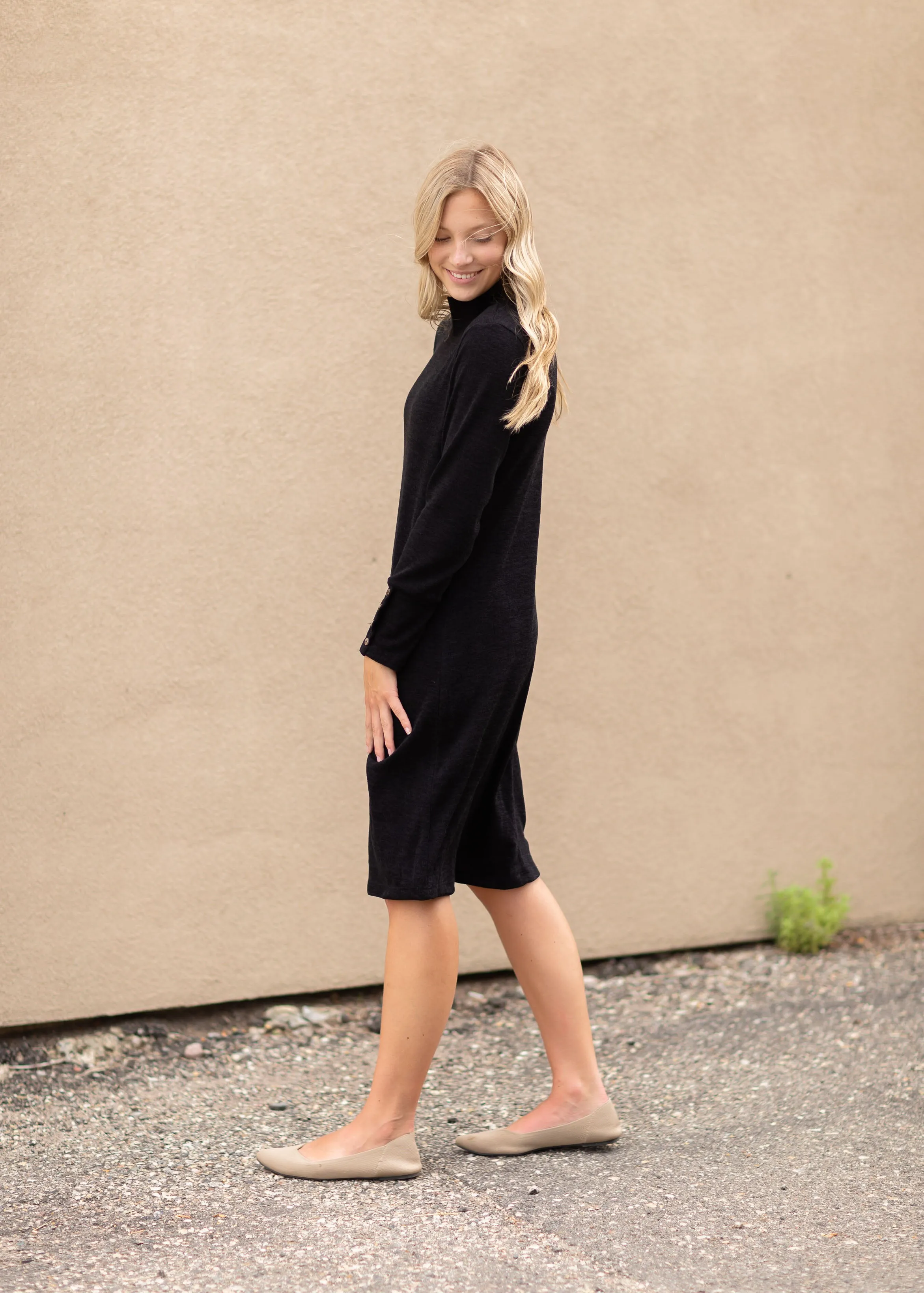 Black Long Sleeve Button Midi Dress