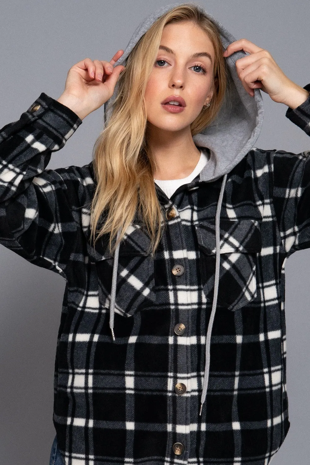 Black Plaid Print Hoodie Fleece Shacket