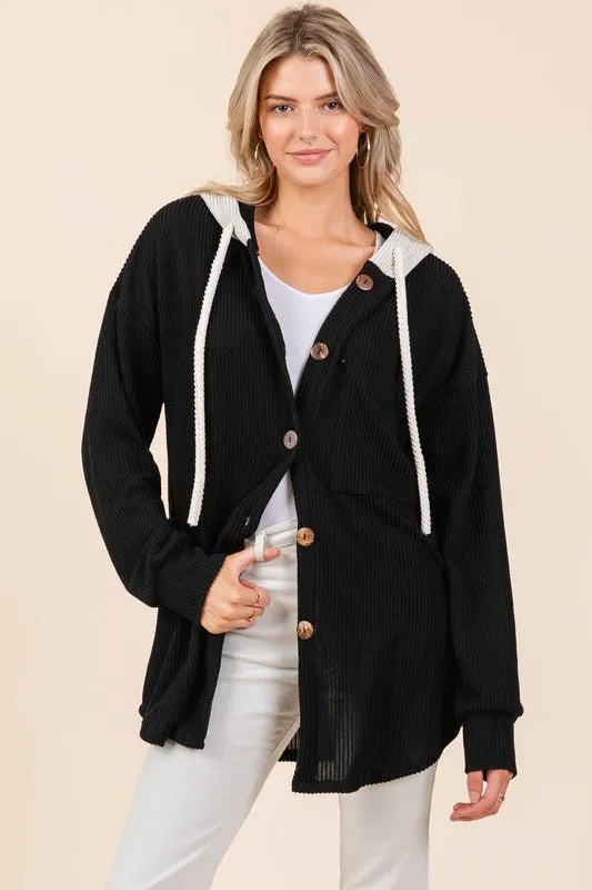 Black Rib Knit Button Down Hooded Shacket