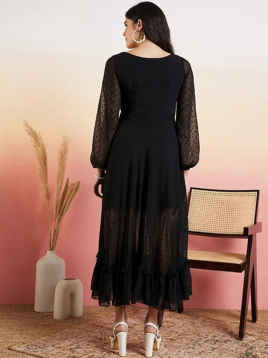 Black Self-Designed Dobby Woven Fit and Flare Ethnic Dress