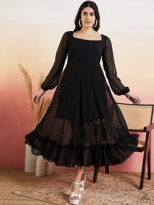 Black Self-Designed Dobby Woven Fit and Flare Ethnic Dress