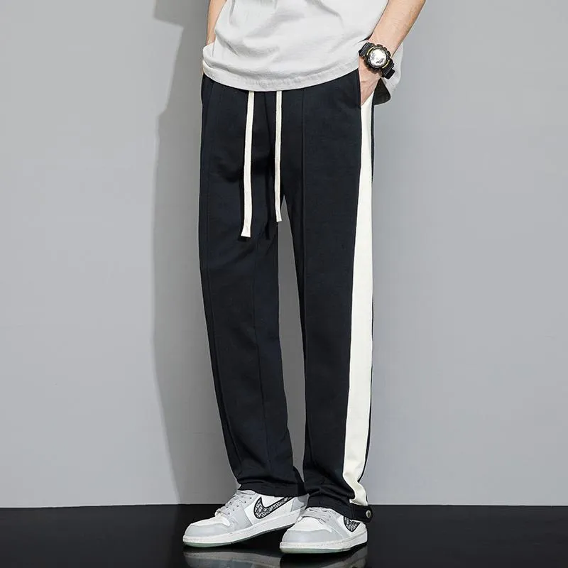 Black Stripe Casual Sports Patchwork Side Loose Fit Straight Pants