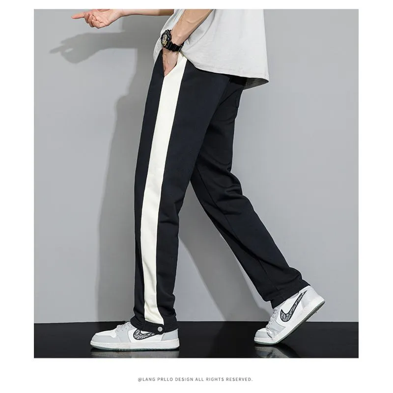 Black Stripe Casual Sports Patchwork Side Loose Fit Straight Pants