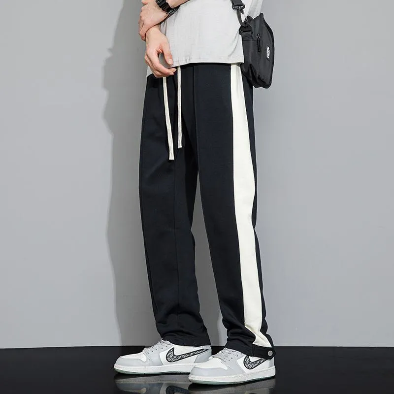 Black Stripe Casual Sports Patchwork Side Loose Fit Straight Pants