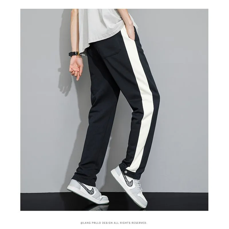 Black Stripe Casual Sports Patchwork Side Loose Fit Straight Pants