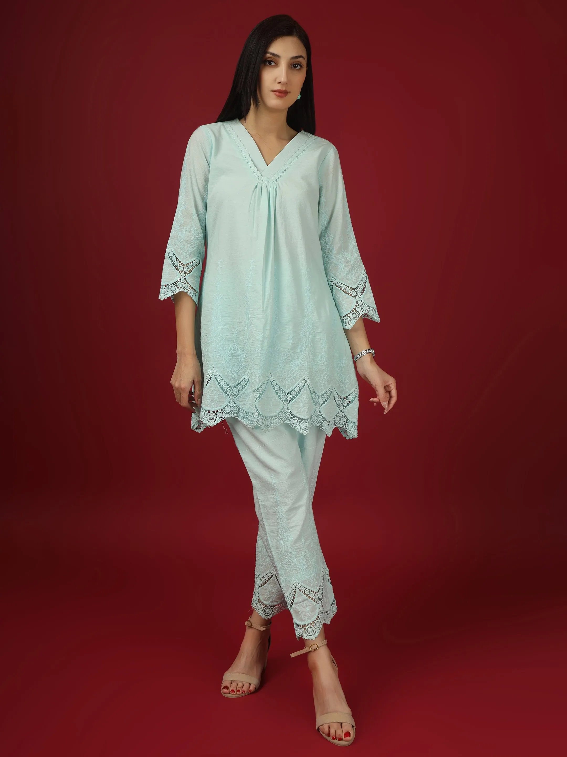 Blue Embroidered Cotton Kurta with Pants- Set of 2