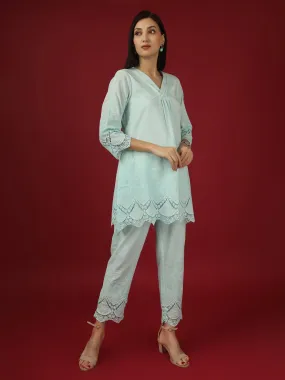 Blue Embroidered Cotton Kurta with Pants- Set of 2