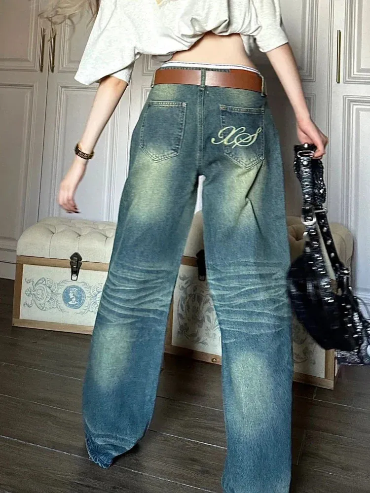 Blue Jeans Women Y2k Fashion Baggy High Waist Wide Leg Denim Pants