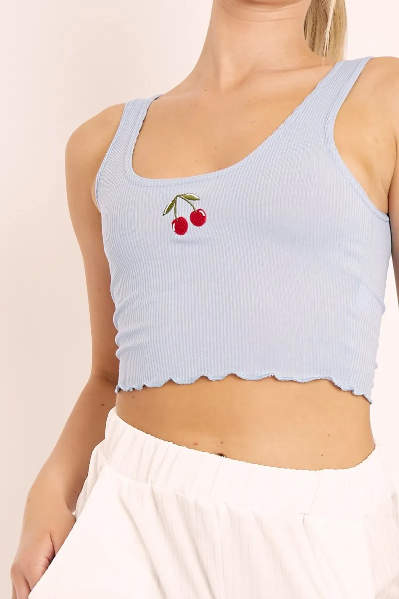 Blue Ribbed Vest Crop Top with Cherry Detail - Cadie