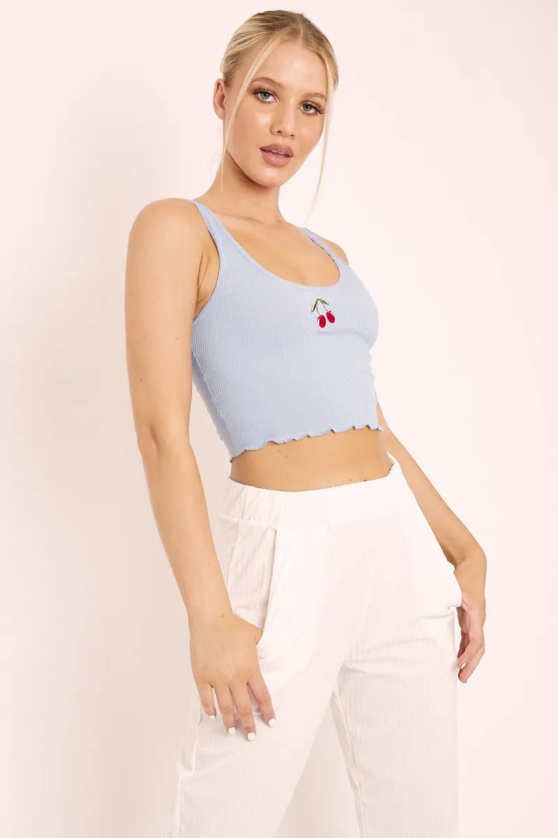 Blue Ribbed Vest Crop Top with Cherry Detail - Cadie