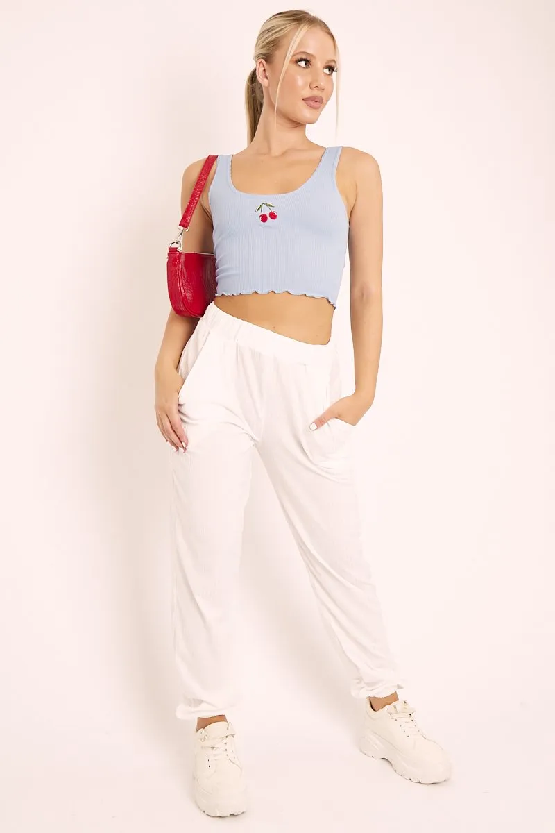 Blue Ribbed Vest Crop Top with Cherry Detail - Cadie