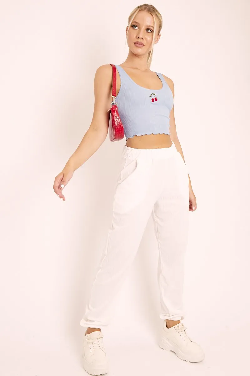 Blue Ribbed Vest Crop Top with Cherry Detail - Cadie