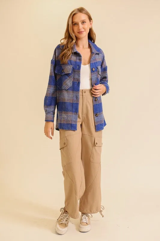 Blue/Taupe Fall Vibes Plaid Print Shacket