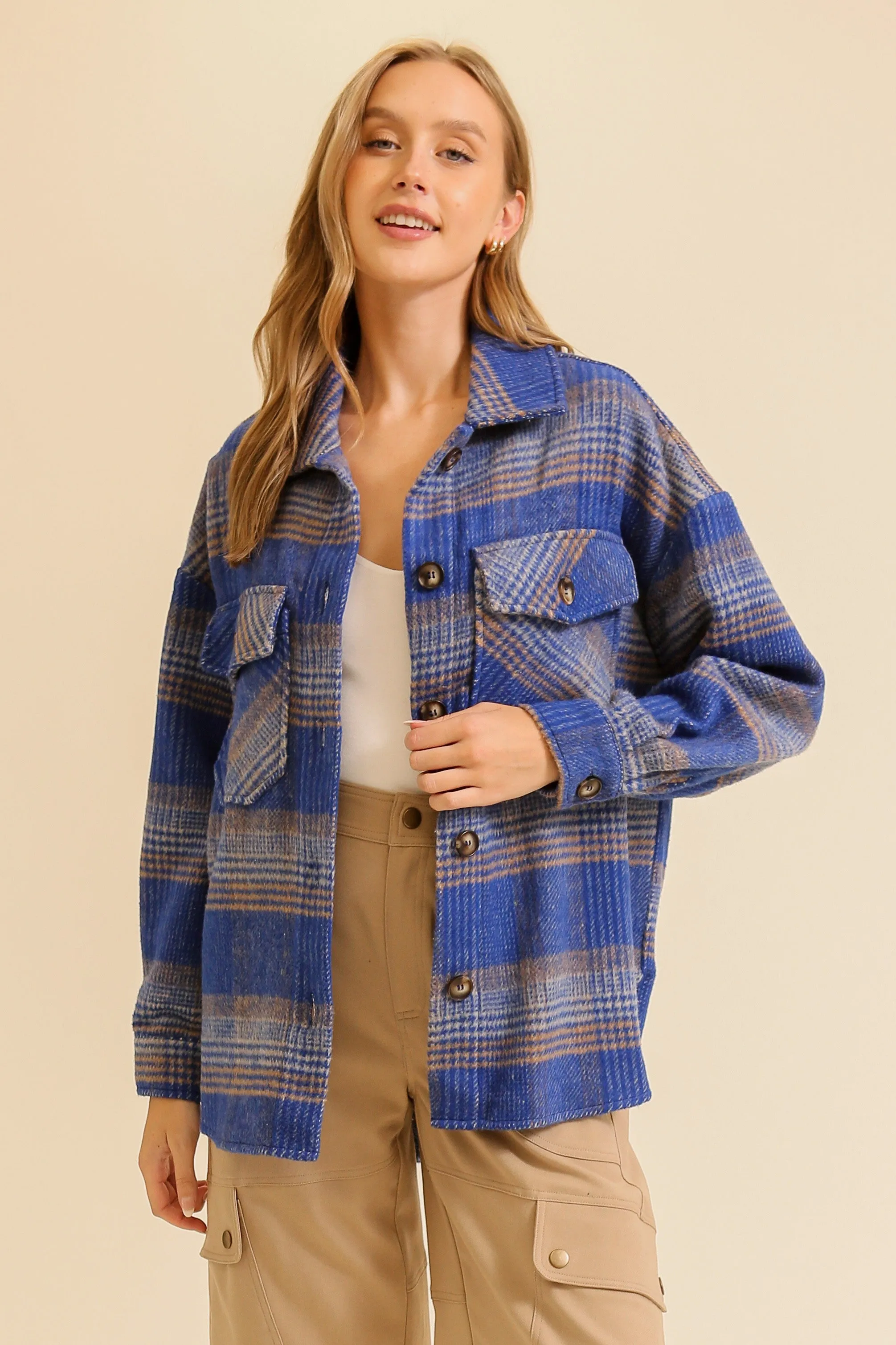 Blue/Taupe Fall Vibes Plaid Print Shacket