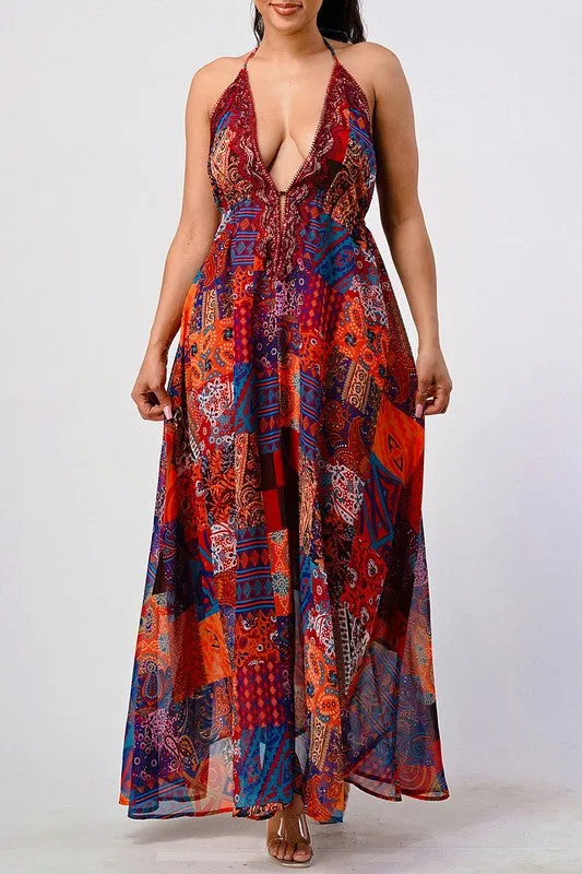 Bohemian Print Sequin Lace Trim Maxi Dress