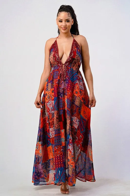 Bohemian Print Sequin Lace Trim Maxi Dress