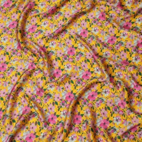 Bright Yellow & Pink Floral Silk Satin Fabric with Mirror Work - 110 cm Width-D20284