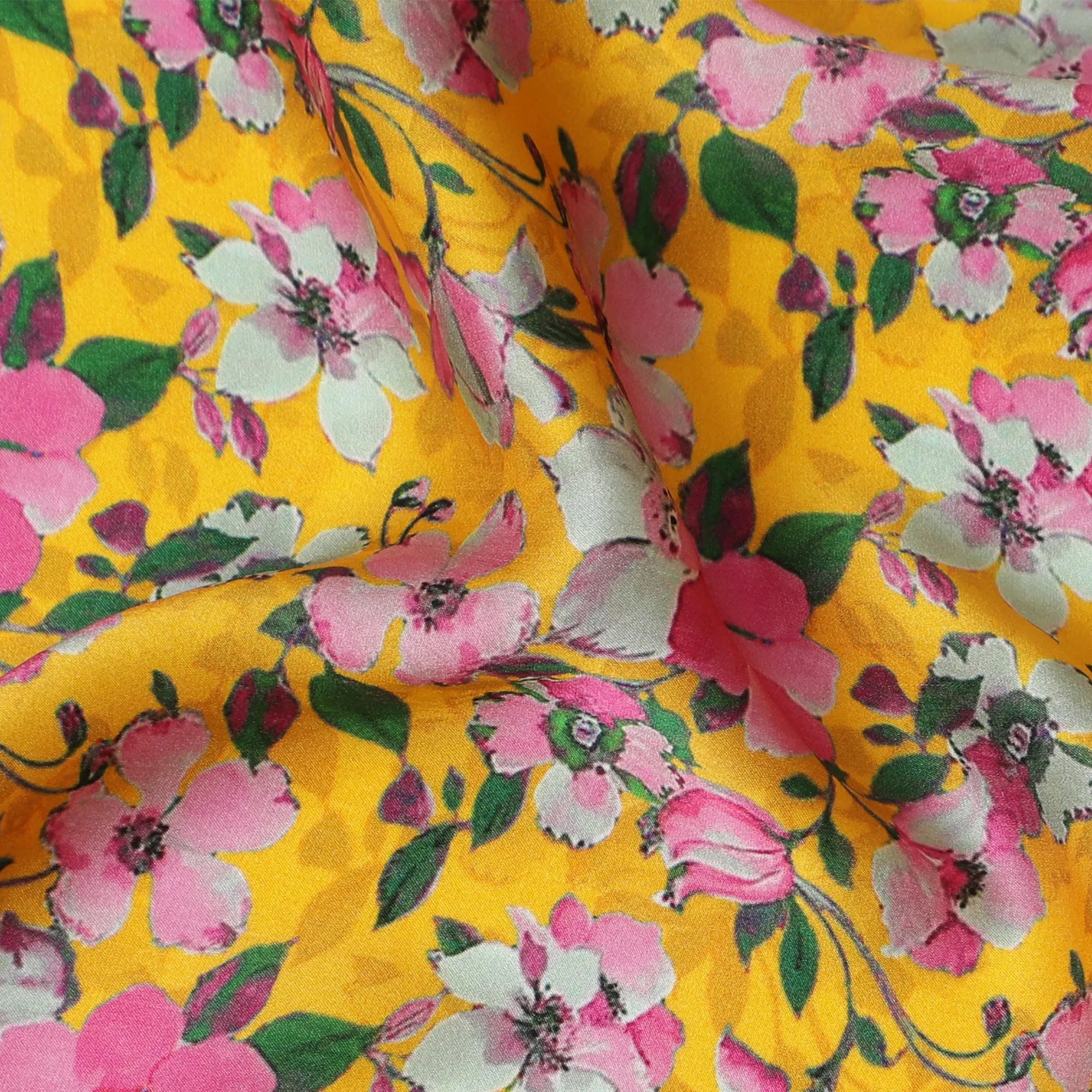 Bright Yellow & Pink Floral Silk Satin Fabric with Mirror Work - 110 cm Width-D20284