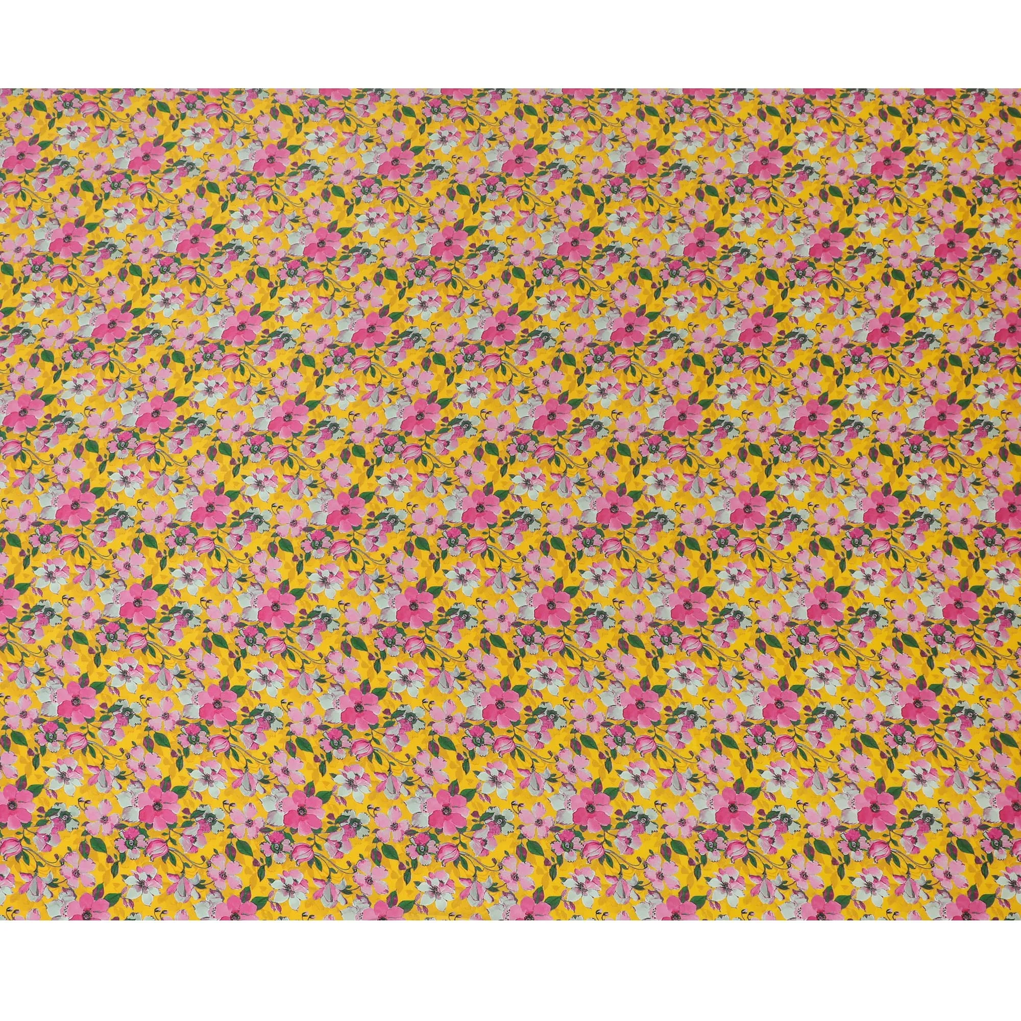 Bright Yellow & Pink Floral Silk Satin Fabric with Mirror Work - 110 cm Width-D20284