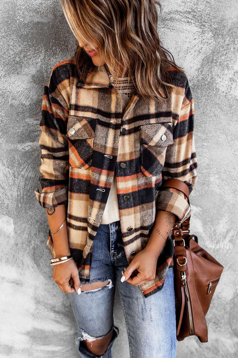 Brown Plaid Button Up Long Sleeve Flannel Shacket - Trendy Style