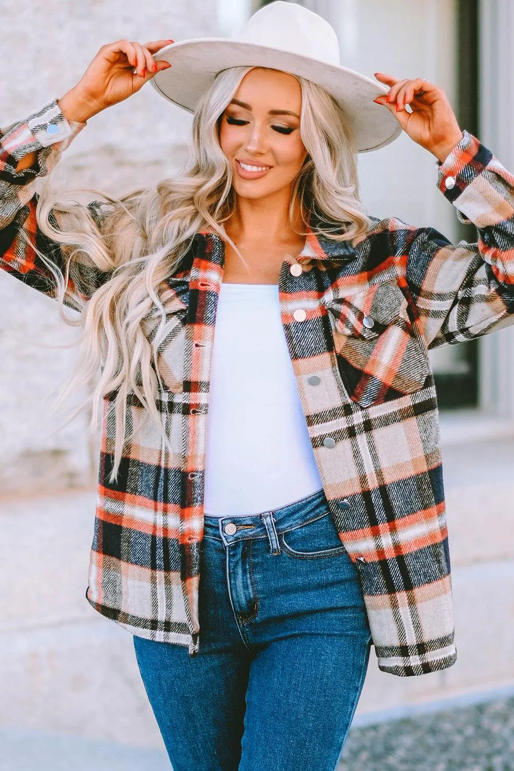 Brown Plaid Button Up Long Sleeve Flannel Shacket - Trendy Style