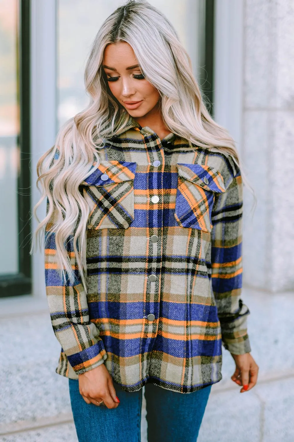 Brown Plaid Button Up Long Sleeve Flannel Shacket - Trendy Style