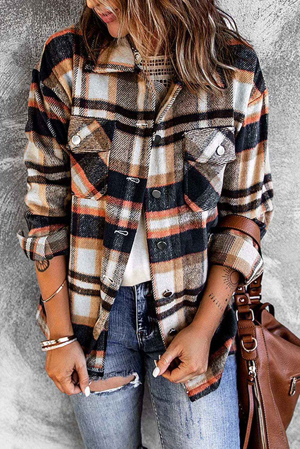 Brown Plaid Button Up Long Sleeve Flannel Shacket - Trendy Style