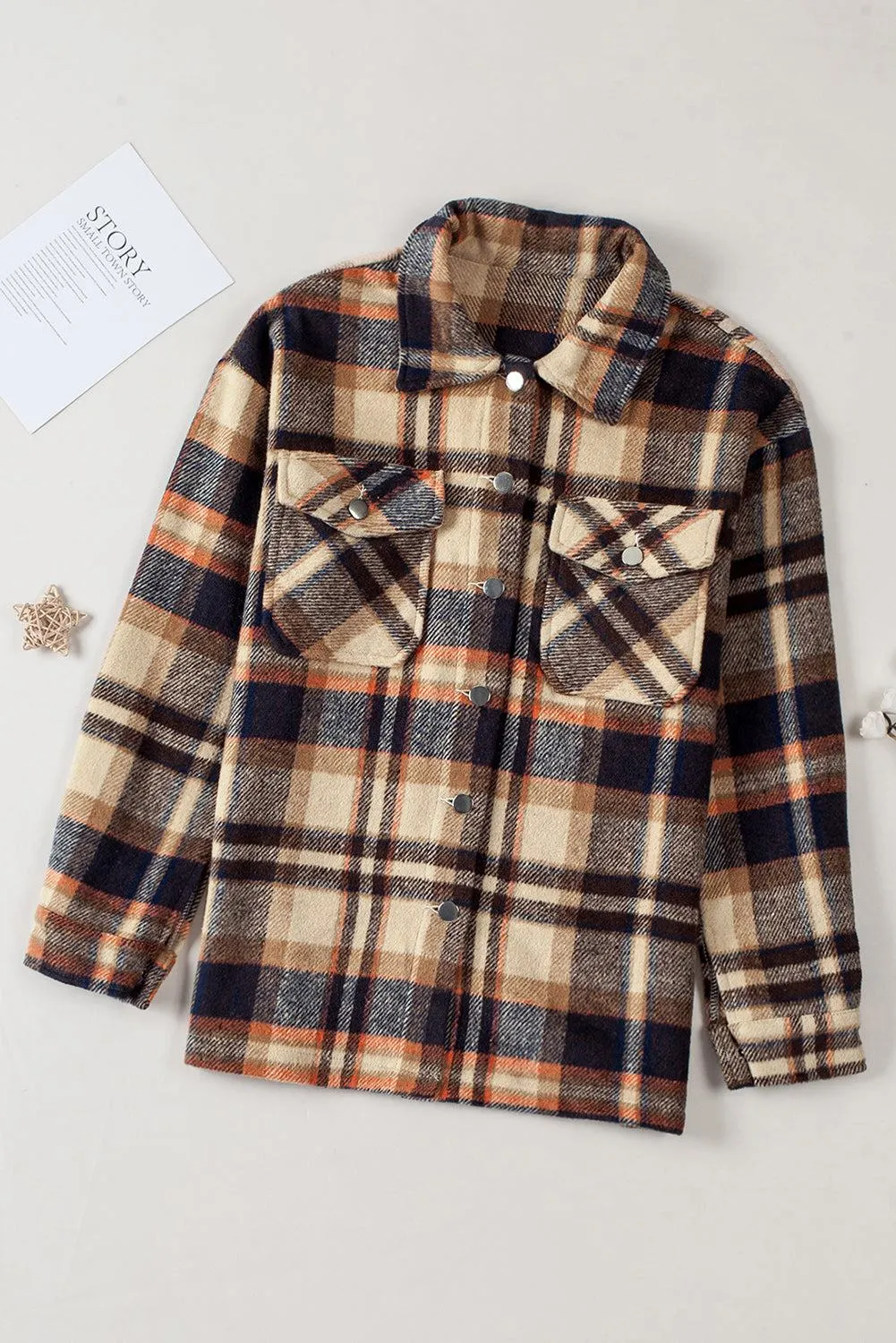 Brown Plaid Button Up Long Sleeve Flannel Shacket - Trendy Style