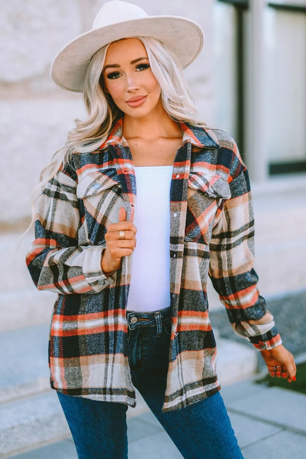 Brown Plaid Button Up Long Sleeve Flannel Shacket - Trendy Style