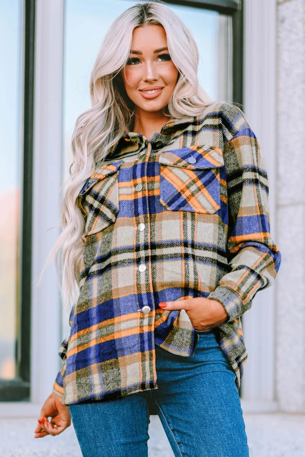 Brown Plaid Button Up Long Sleeve Flannel Shacket - Trendy Style