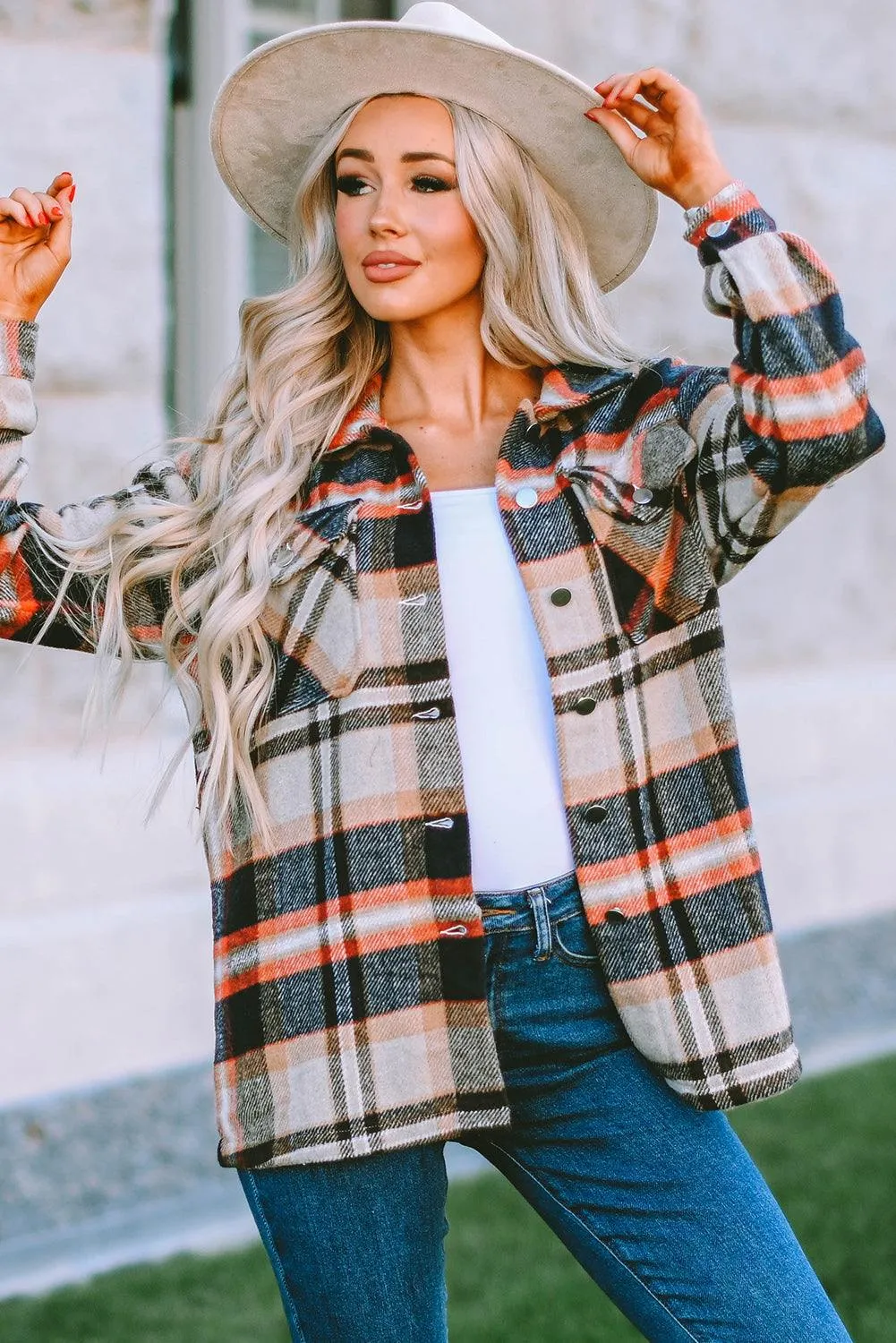 Brown Plaid Button Up Long Sleeve Flannel Shacket - Trendy Style