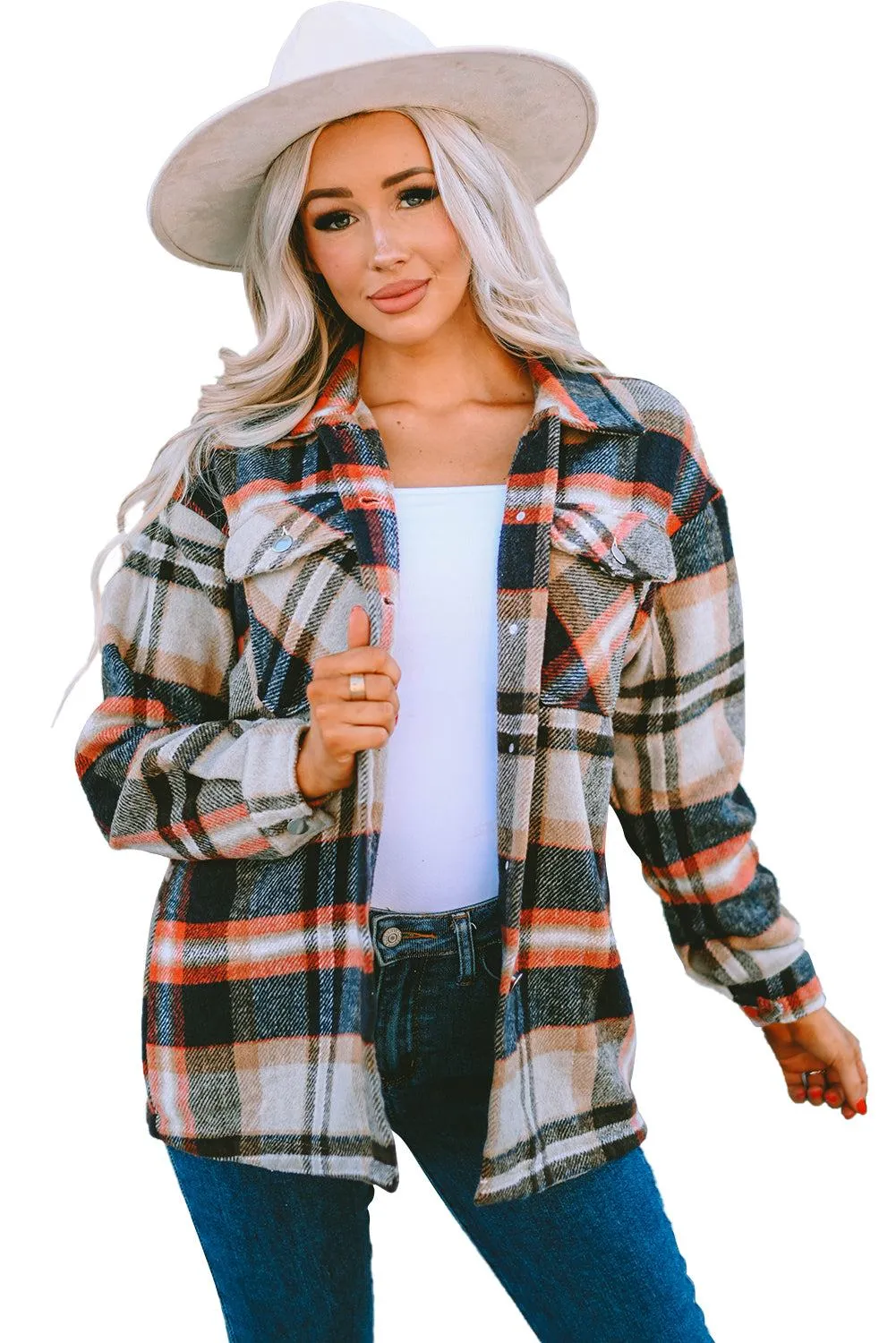 Brown Plaid Button Up Long Sleeve Flannel Shacket - Trendy Style