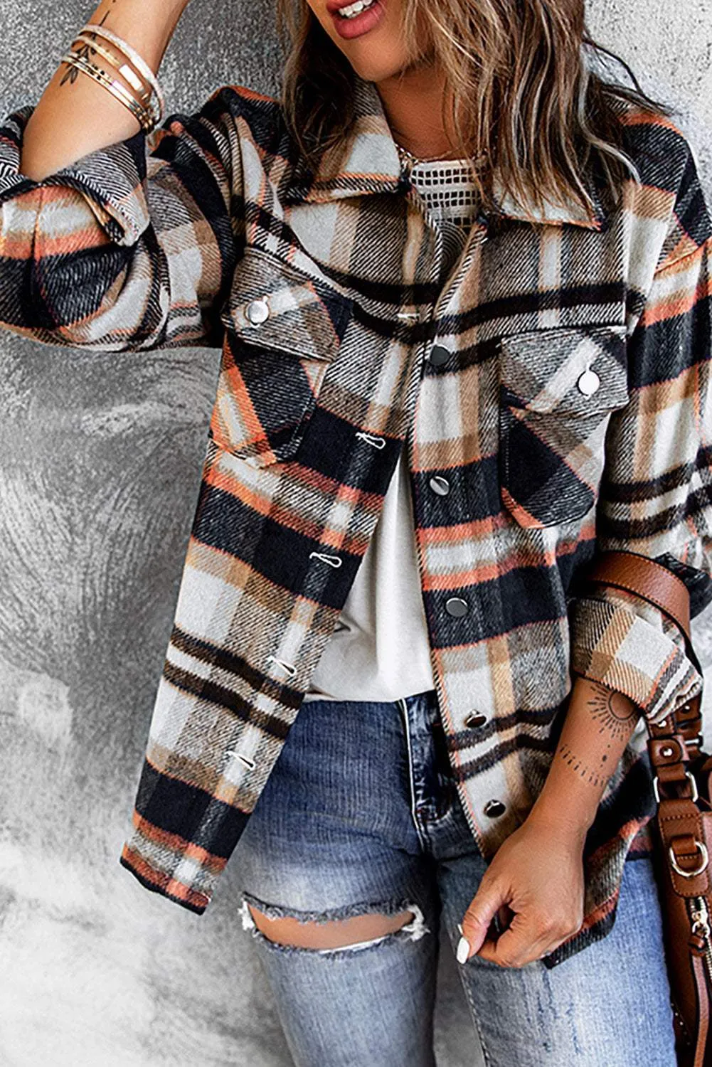 Brown Plaid Button Up Long Sleeve Flannel Shacket - Trendy Style