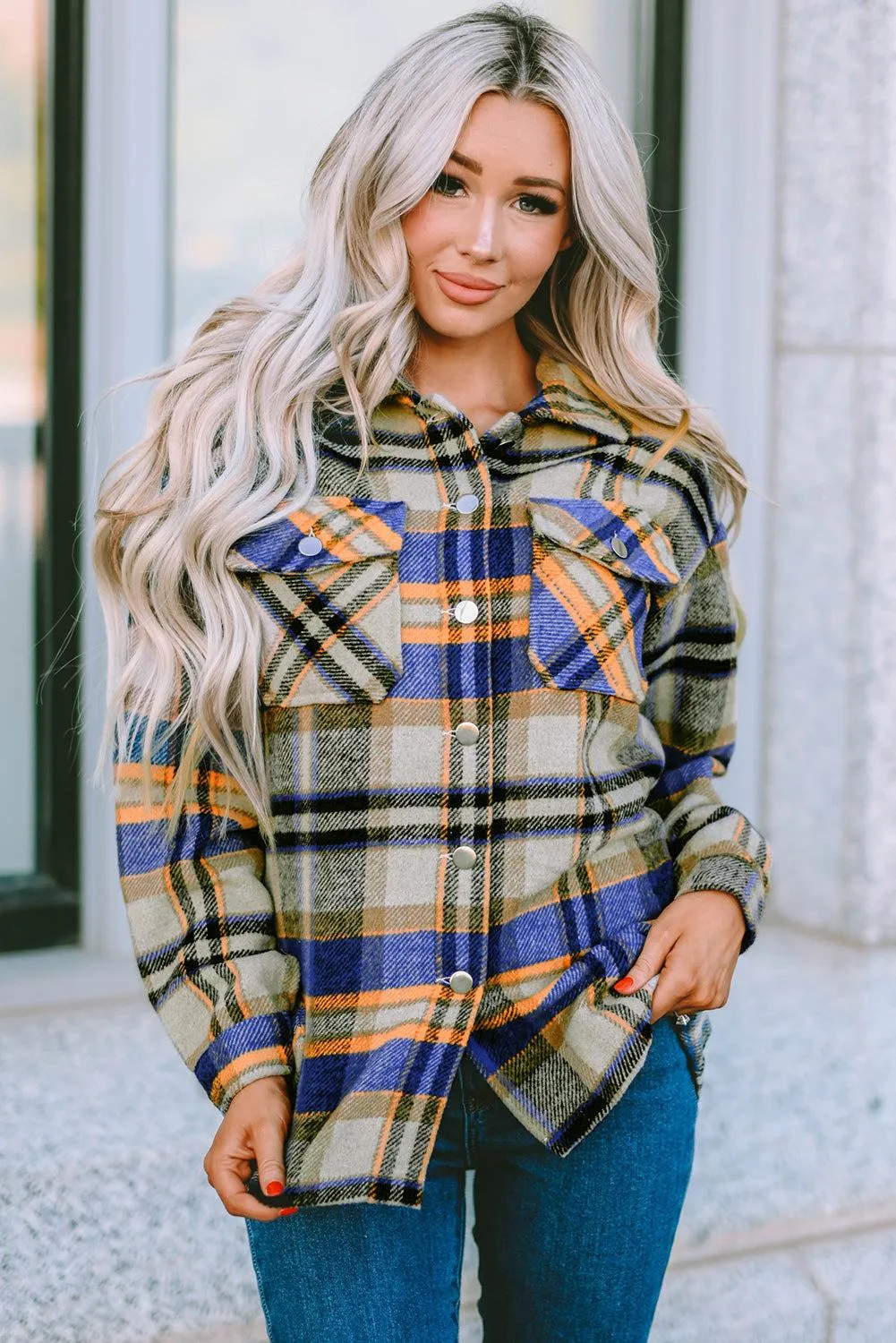 Brown Plaid Button Up Long Sleeve Flannel Shacket - Trendy Style