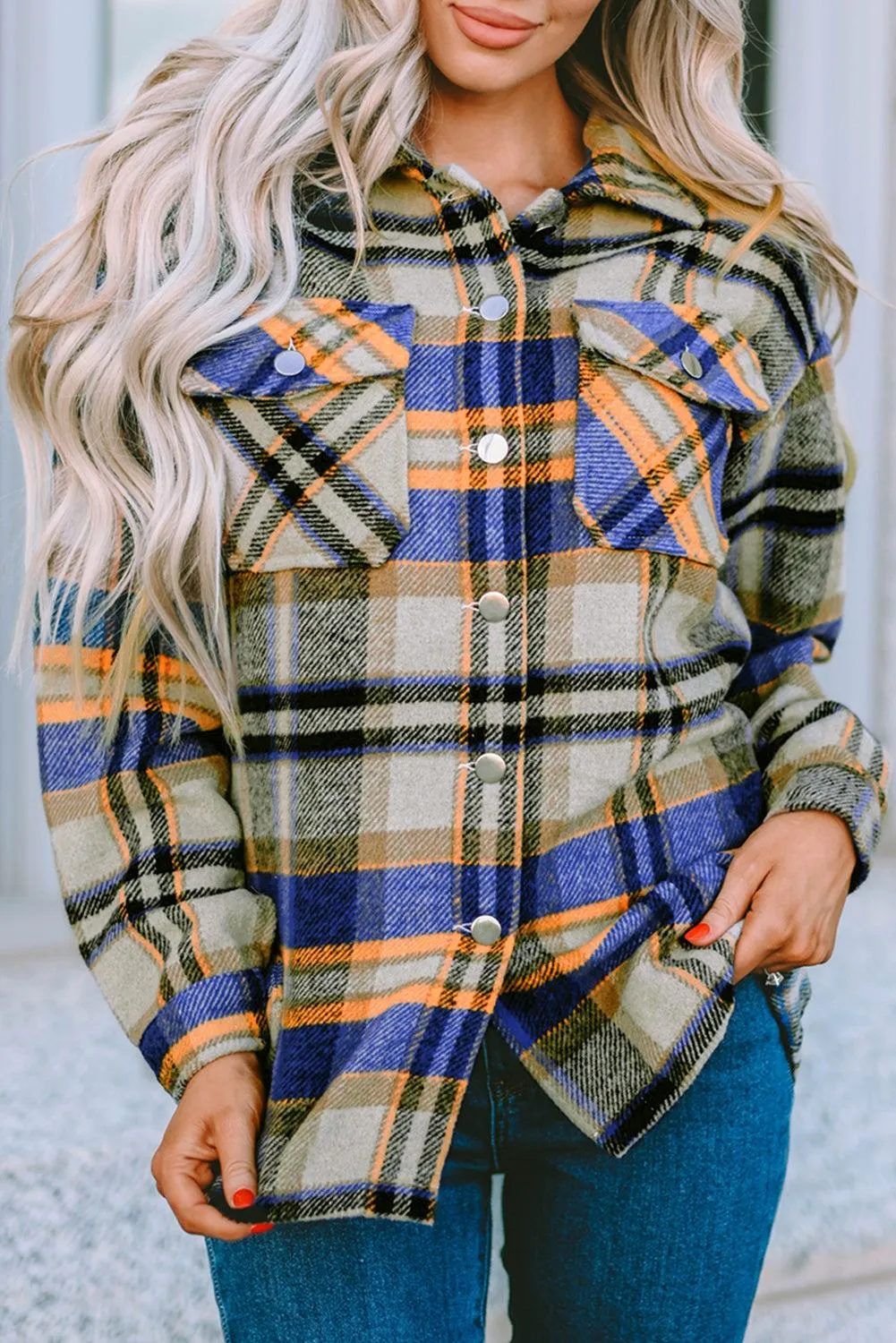 Brown Plaid Button Up Long Sleeve Flannel Shacket - Trendy Style