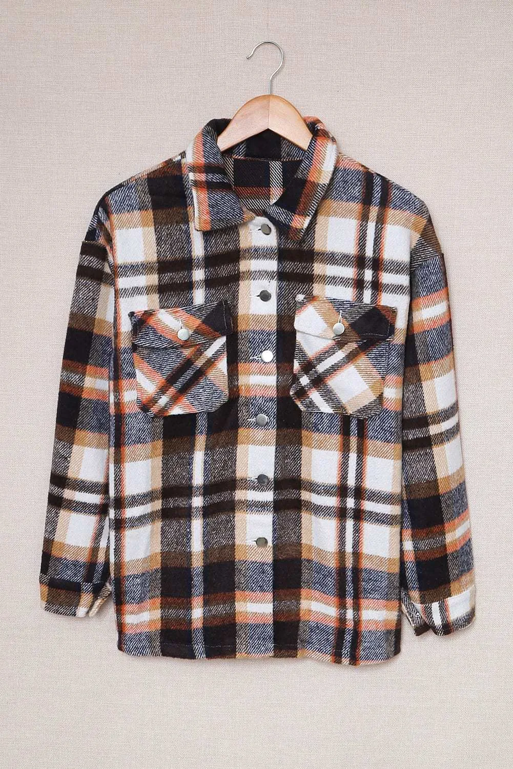 Brown Plaid Button Up Long Sleeve Flannel Shacket - Trendy Style