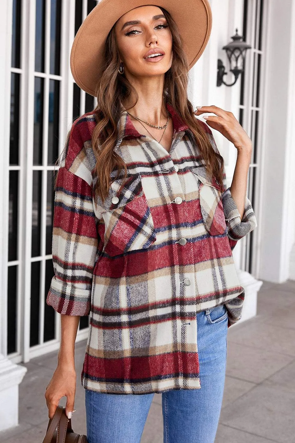 Brown Plaid Button Up Long Sleeve Flannel Shacket - Trendy Style