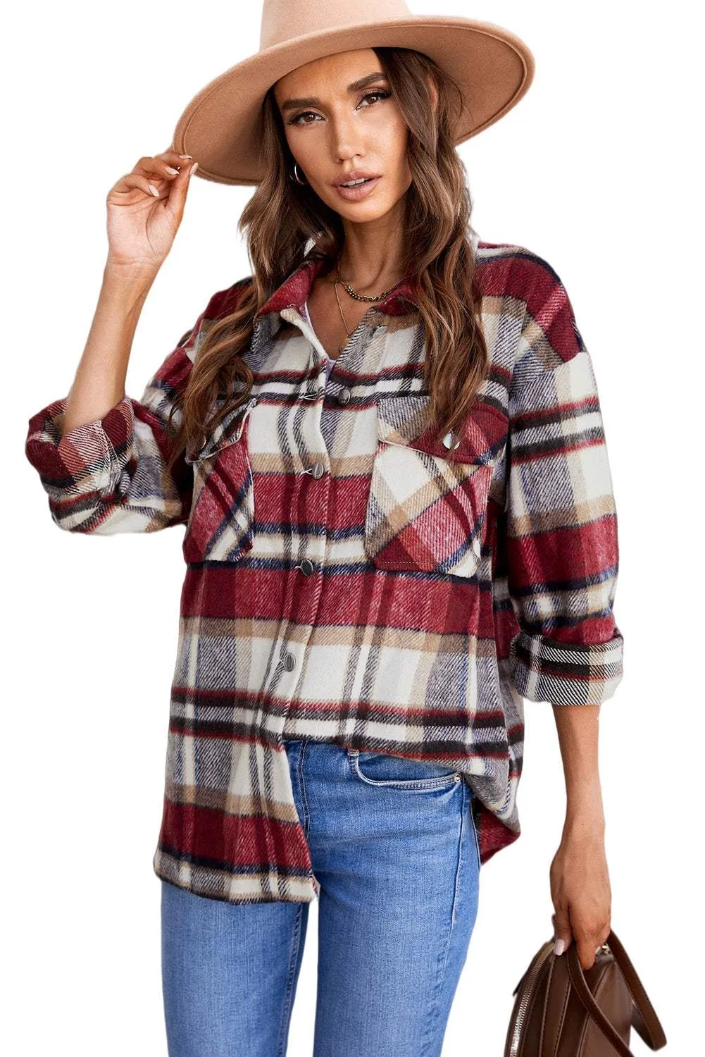 Brown Plaid Button Up Long Sleeve Flannel Shacket - Trendy Style