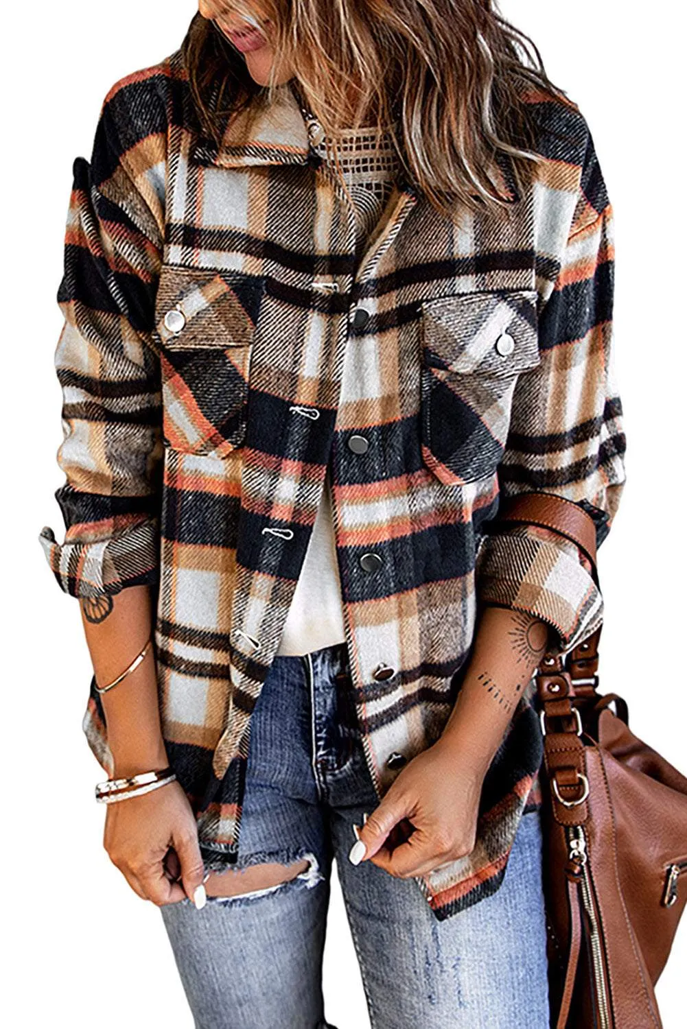 Brown Plaid Button Up Long Sleeve Flannel Shacket - Trendy Style