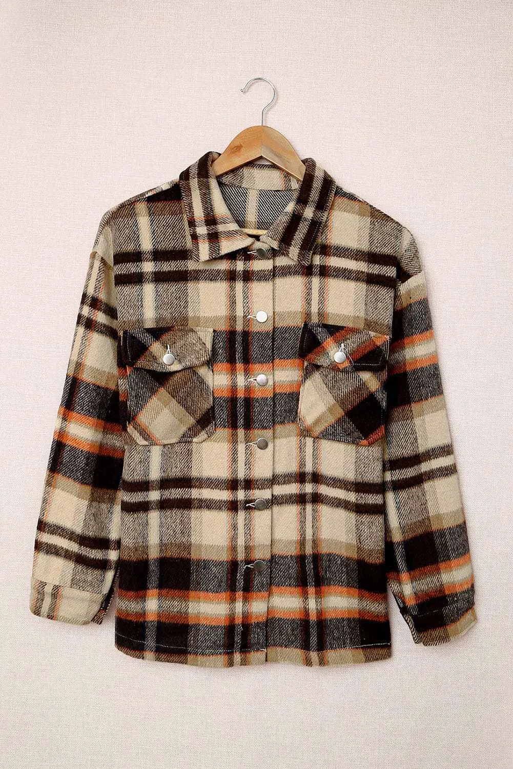 Brown Plaid Button Up Long Sleeve Flannel Shacket - Trendy Style