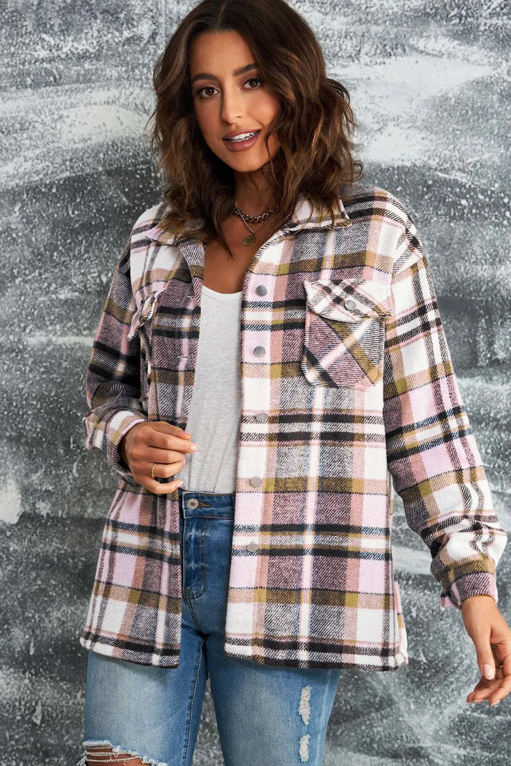 Brown Plaid Button Up Long Sleeve Flannel Shacket - Trendy Style