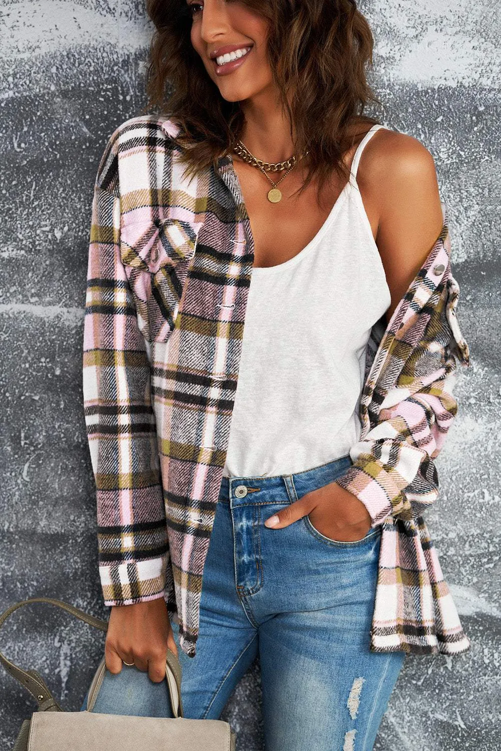 Brown Plaid Button Up Long Sleeve Flannel Shacket - Trendy Style