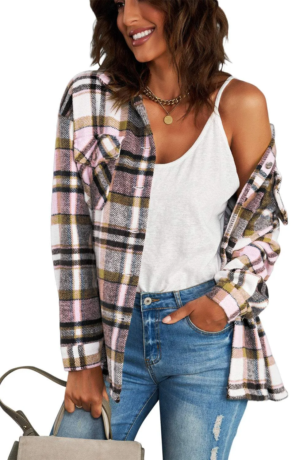 Brown Plaid Button Up Long Sleeve Flannel Shacket - Trendy Style