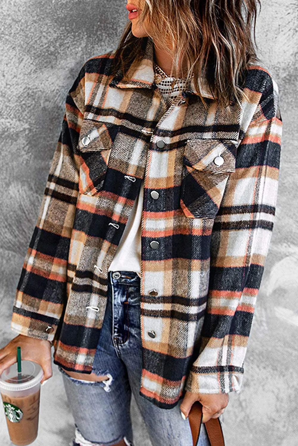 Brown Plaid Button Up Long Sleeve Flannel Shacket - Trendy Style