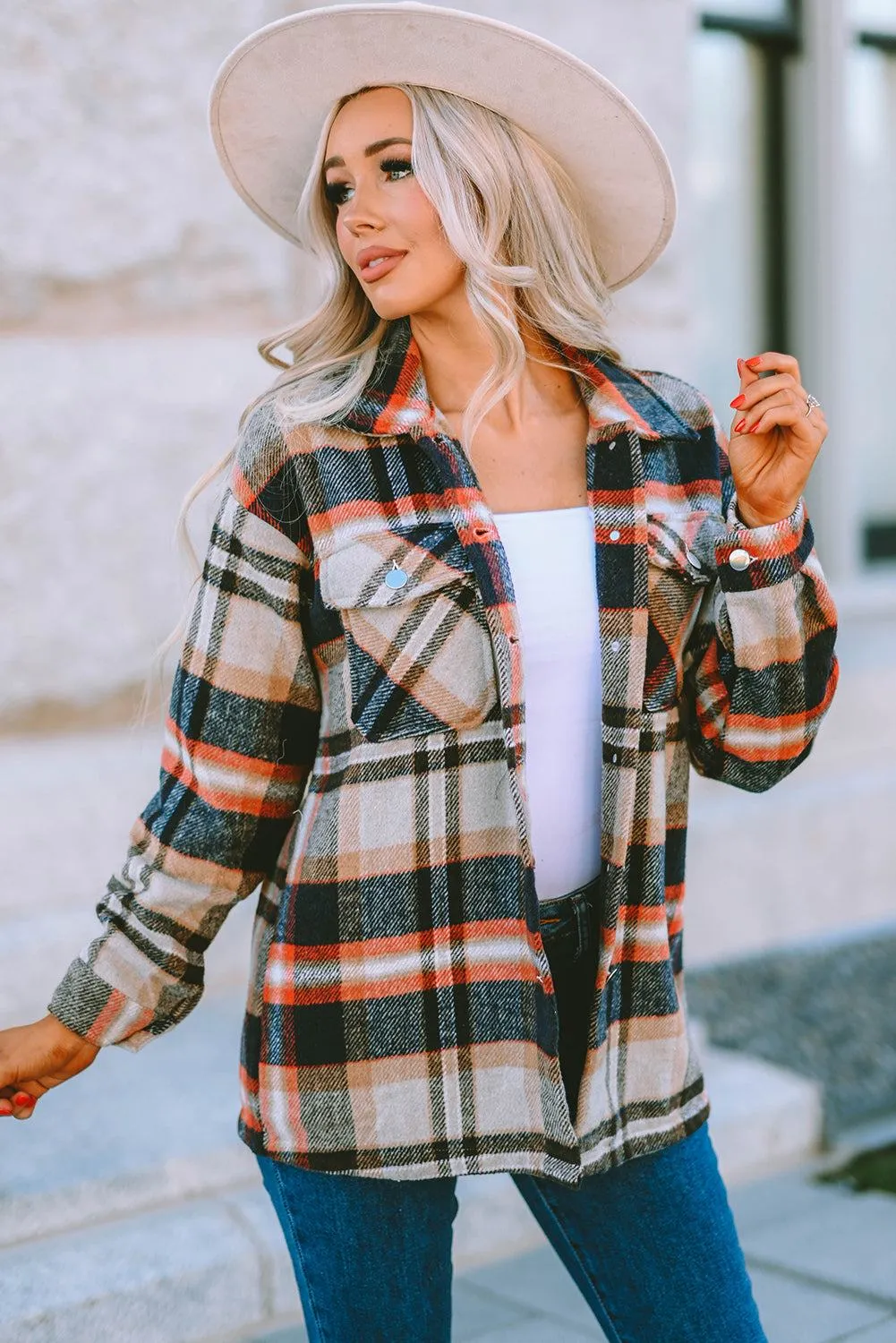 Brown Plaid Button Up Long Sleeve Flannel Shacket - Trendy Style