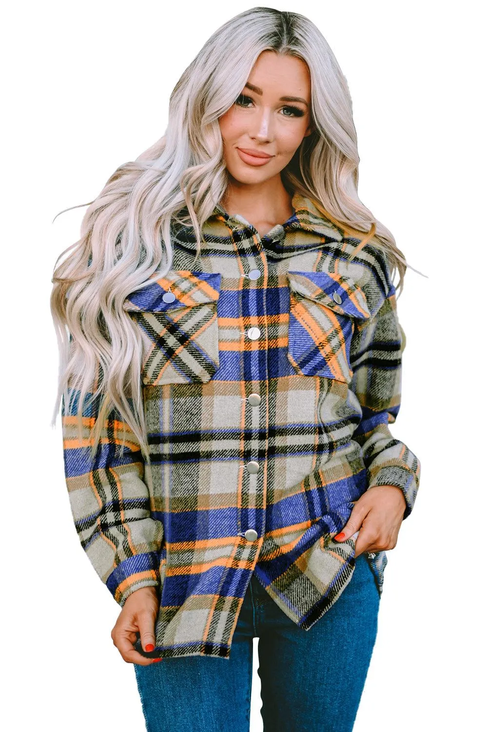 Brown Plaid Button Up Long Sleeve Flannel Shacket - Trendy Style