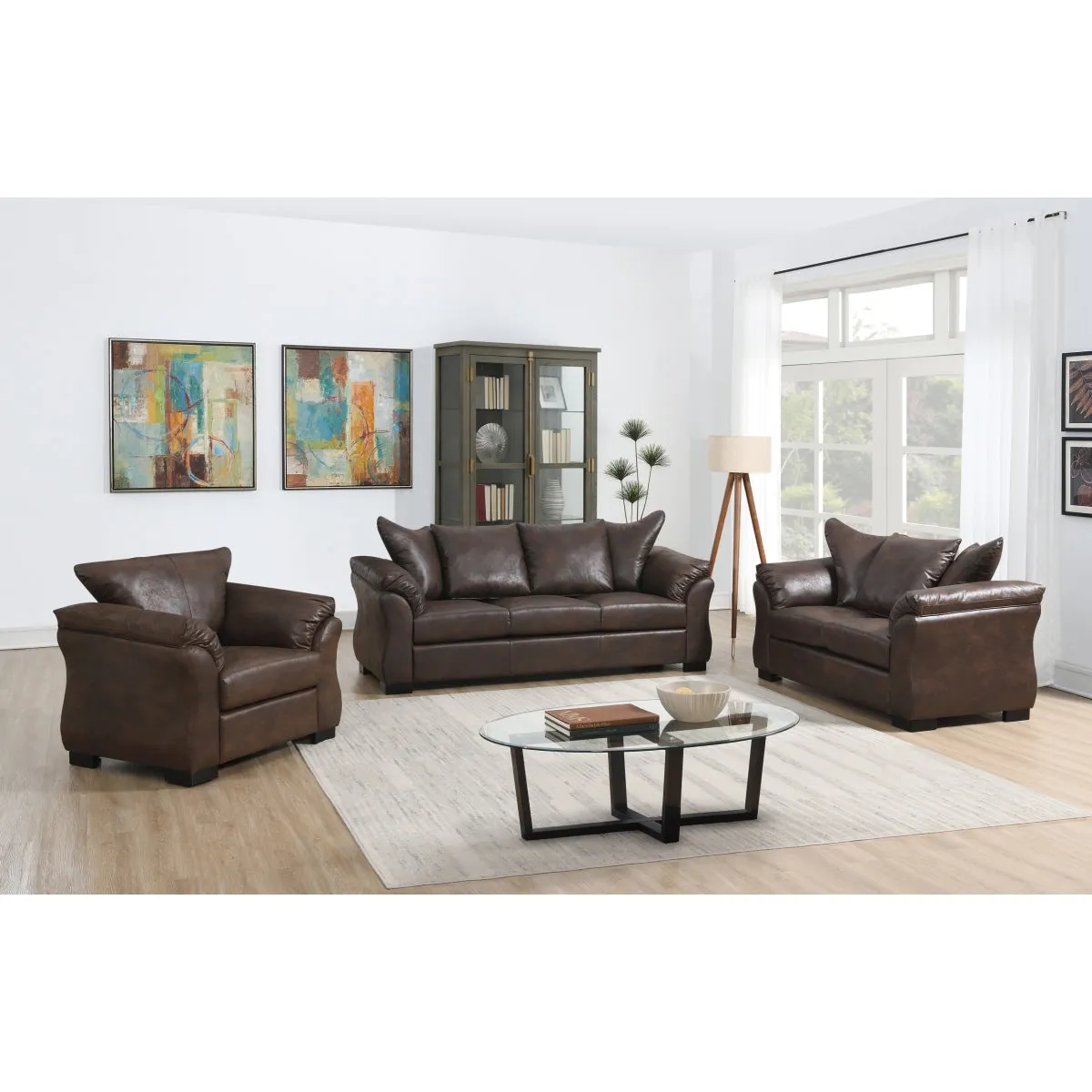 Brown Polished Microfiber Sofa with Removable Cushions – Transitional Modern Design